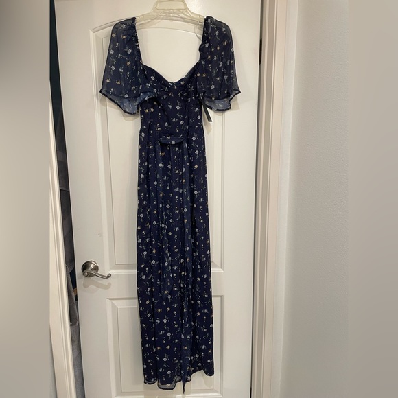 Lulu’s Sweet Blooms Navy Blue Floral Print Swiss Dot Wide Leg Jumpsuit - Picture 2 of 7